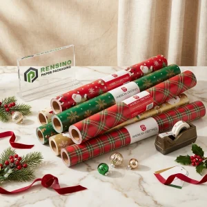 Bedruckte rote und grüne Geschenkpapierrollen mit Weihnachtsmustern für Geschenkverpackungen, individuelles Design verfügbar