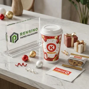 Red and White Disposable Paper Cups with Printed Circle K Logo and Gift Balloon Pattern, Custom Design Available