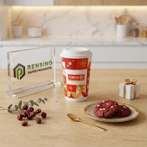 Red and White Disposable Paper Cups with Geometric and Festive Pattern, Custom Design Available
