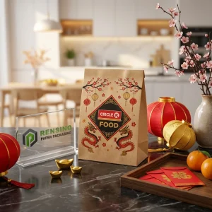 Braune Einweg Lebensmittel Papier Taschen mit rotem und goldenem Drachen und Laternen Muster, Individuelles Design verfügbar