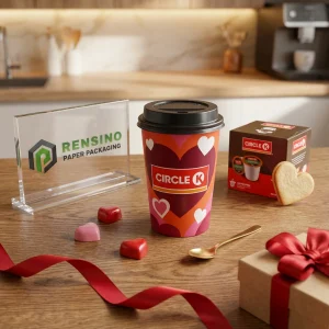 Tazze di carta usa e getta rosse e rosa con motivo a cuore, stampa logo personalizzata disponibile