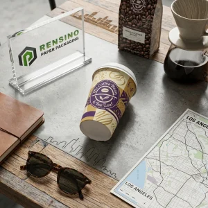 Gobelet en papier blanc avec motif de feuille de café, adapté pour l'emballage de café et la vente au détail, design personnalisé et service OEM