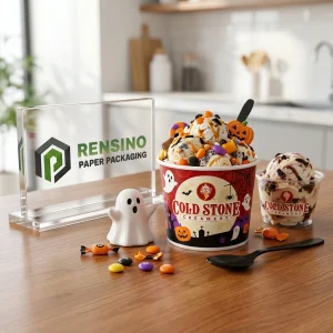 Coppa di carta per gelato rossa e nera con motivo fantasma di Halloween e zucca, adatta per imballaggio alimentare, design personalizzato disponibile