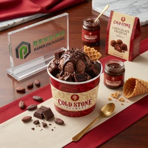 Envase de Taza de Helado de Papel Impresa en Rojo y Beige con Logo de Marca, Adecuado para Embalaje de Alimentos, Impresión de Logo Personalizada Disponible