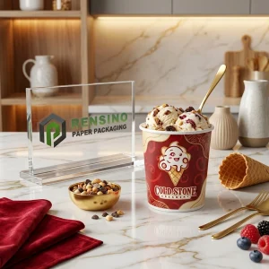 Taza de embalaje de helado de papel rojo con ilustración impresa de cono de helado y texto “COLD STONE”, adecuada para embalaje de alimentos, impresión de logotipo personalizada disponible