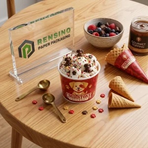 Taza de helado de papel rojo con ilustración de perro y texto “COLD STONE”, adecuada para empaques de alimentos, impresión de logotipo personalizada disponible