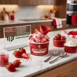 Taza de papel roja de Cold Stone para empaquetado de alimentos con impresión de fresa y logo, adecuada para empaquetado de helados o postres congelados, servicio OEM/ODM disponible