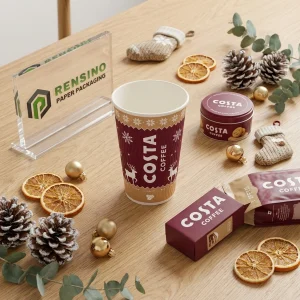 Tazza di carta rossa con logo Costa Coffee, adatta per bevande calde e imballaggi regalo