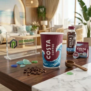 बर्गंडी और नीला पेपर कॉफी कप लहर पैटर्न और प्रिंटेड “COSTA COFFEE” टेक्स्ट के साथ, पेय पैकेजिंग के लिए उपयुक्त, कस्टम लोगो प्रिंटिंग उपलब्ध