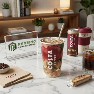 Bedruckter Papierverpackungsbecher mit rotem und braunem Aquarellmuster und dem Text “COSTA COFFEE”, geeignet für Getränkeverpackungen, OEM/ODM-Service verfügbar