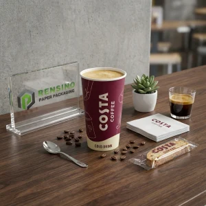 बर्गंडी और बेज पेपर कप जिसमें प्रिंटेड “COSTA COFFEE” टेक्स्ट और कॉफी बीन लाइन आर्ट है, पेय पैकेजिंग के लिए उपयुक्त, कस्टम लोगो प्रिंटिंग उपलब्ध है