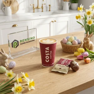 Tazza di caffè in carta rossa con logo, adatta per bevande, regali o imballaggi al dettaglio, design personalizzato disponibile