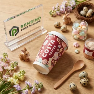 음료 포장을 위한 꽃과 부활절 달걀 패턴의 빨간색 종이 커피 컵, 맞춤 로고 인쇄 가능
