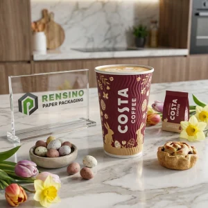 Copo de Papel para Café Vermelho e Branco com Texto Impresso COSTA e Padrão Floral, Adequado para Embalagem de Bebidas ou Café, Serviço OEM/ODM Disponível