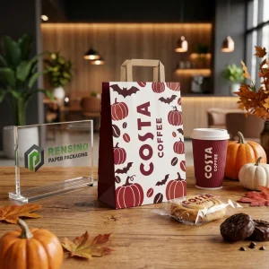 Bolsas de papel desechables para alimentos con patrón de calabaza y granos de café, impresión de logo personalizada disponible