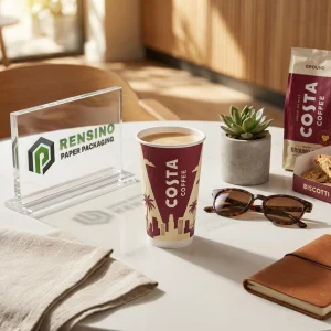 Costa Coffee Paper Cup with Palm Tree and City Skyline Design, Suitable for Beverage Packaging