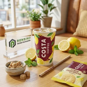 Printed Paper Beverage Cup with Lemon and Leaf Pattern, Suitable for Coffee or Beverage Packaging, OEM/ODM Service Available