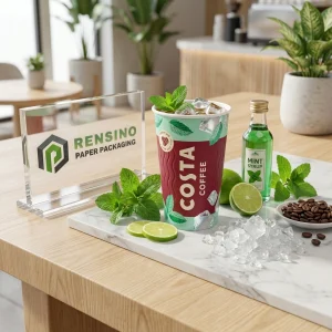 Tazza di Carta Rossa e Verde con Testo Stampato “COSTA COFFEE” e Motivo di Foglia di Menta e Cubetti di Ghiaccio, Adatta per Imballaggio di Bevande, Design Personalizzato Disponibile