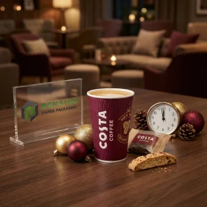 Tazza di carta rossa con logo del caffè, adatta per imballaggio di bevande, design personalizzato disponibile