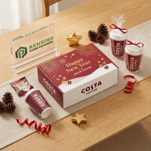 Red and White Disposable Gift Packaging Box with Printed Coffee Beans and Fireworks Pattern, Suitable for Gift or Food Packaging, OEM/ODM Service Available