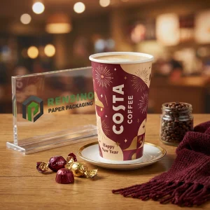 Gobelet en papier avec logo Costa Coffee et motif de feux d'artifice festifs, adapté pour l'emballage de café et de boissons