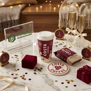 Vaso de café de papel burdeos con texto impreso e imágenes de granos de café para empaques de bebidas, impresión de logo personalizada disponible