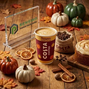 Papierbecher der Kürbis-Saison-Ausgabe mit bedrucktem Logo und Herbstmuster, geeignet für Kaffee oder Getränkeverpackungen, OEM/ODM-Service verfügbar