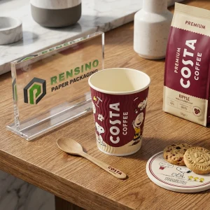 Vaso de papel burdeos con texto impreso de COSTA COFFEE y personajes de dibujos animados, adecuado para embalaje de bebidas, diseño personalizado disponible