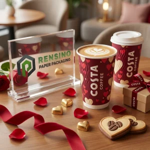 빨간색 일회용 종이컵에 인쇄된 “COSTA COFFEE” 텍스트와 하트 패턴, 맞춤 디자인 가능