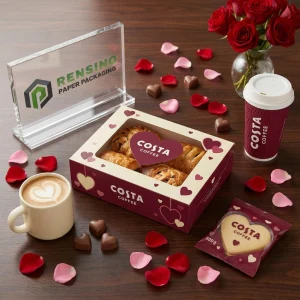 Burgundy and Beige Disposable Packaging Box with Heart Pattern and Printed “COSTA COFFEE” Text, Suitable for Biscuit or Food Packaging, Custom Logo Printing Available