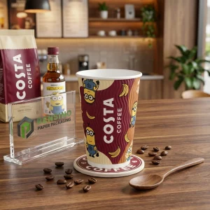 Bedruckter Pappbecher mit Minions-Muster und Kaffee-Logo, Geeignet für Kaffee- oder Getränkeverpackungen, Individuelles Design Verfügbar