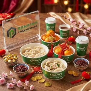 Green Printed Paper Bowl with White Text for Food Packaging, Custom Design Available