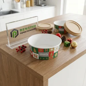 Green and Red Printed Paper Bowl with Holiday Pattern for Food Packaging, Custom Design Available