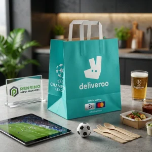Embalagem de Sacola de Papel Verde com Logo Impressa do Deliveroo e Emblemas da UEFA Champions League, Adequada para Embalagem de Alimentos ou Varejo, Design Personalizado Disponível