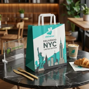 Sacchetto di carta turchese e bianco con skyline di NYC e logo, adatto per confezioni regalo, al dettaglio, alimentari o cosmetiche, servizio OEM/ODM disponibile