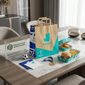 Sacola de Papel Deliveroo com Logotipo Impresso e Padrão de Futebol, Adequada para Embalagem de Alimentos, Varejo ou Uso em Presentes, Serviço OEM/ODM Disponível