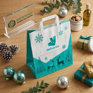 Sacola de Papel Branca e Azul com Padrão de Rena e Floco de Neve, Adequada para Embalagem de Presentes, Varejo, Alimentos, Cosméticos ou Joias, Serviço OEM/ODM Disponível