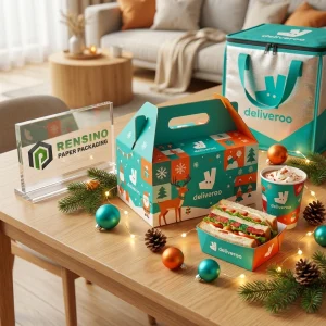 Boîte d'emballage jetable verte et orange avec motif de vacances et texte imprimé “deliveroo”, adaptée à l'emballage alimentaire, design personnalisé disponible