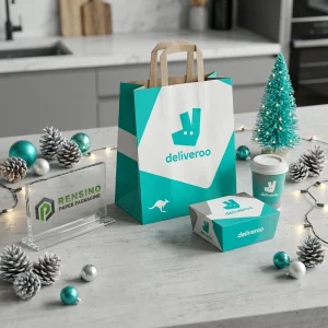 Sacchetto di carta turchese e bianco con logo e motivo, adatto per regali, cibo o imballaggio al dettaglio, design personalizzato disponibile