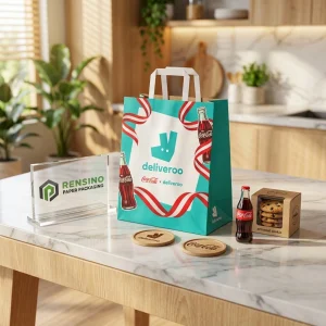 Borsa regalo in carta turchese con loghi Coca-Cola e Deliveroo, adatta per vendita al dettaglio o imballaggio alimentare, design personalizzato disponibile