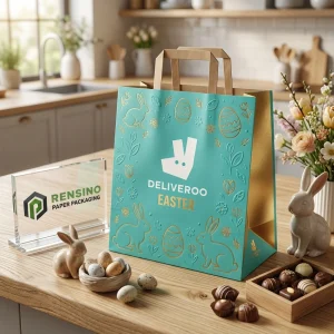 Sac en papier bleu et kraft avec motif en relief de lapin et d'œuf de Pâques pour l'emballage de cadeaux ou alimentaires, design personnalisé disponible