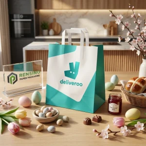Sacchetto di carta teal e bianco con manico e logo, adatto per confezioni regalo, vendita al dettaglio, cibo, cosmetici o gioielli, design personalizzato disponibile