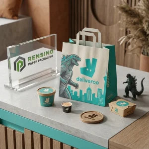 Sacchetto di carta turchese e bianco con manico e logo, adatto per confezioni regalo, al dettaglio, alimentari o cosmetiche, servizio OEM/ODM disponibile