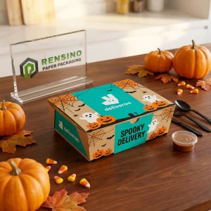 Caja de embalaje de alimentos desechable marrón y azul con patrón de calabaza de Halloween, fantasma y telaraña, adecuada para embalaje de entrega de alimentos, servicio OEM/ODM disponible