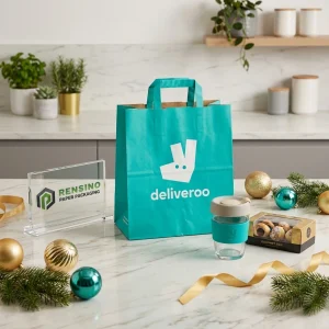 Borsa di Carta Turchese con Manici e Logo Stampato, Adatta per Regali, Vendita al Dettaglio o Imballaggio Alimentare, Servizio OEM/ODM Disponibile