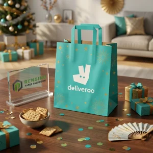 Sacola de Papel Turquesa com Alça e Logo Impresso, Adequada para Presentes, Varejo ou Embalagem de Alimentos, Design Personalizado Disponível