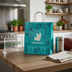 Bolsa de Papel Azul con Impresión Temática Deportiva y Asa, Adecuada para Regalo, Venta al por Menor o Empaque de Comida, Impresión de Logo Personalizado Disponible