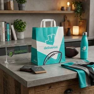 Sacchetto di carta turchese e bianco con logo stampato e motivo sportivo, adatto per confezioni regalo, al dettaglio, alimentari o cosmetiche, servizio OEM/ODM disponibile