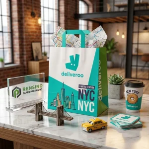 Busta Regalo di Carta Bianca e Verde con Stampa di Skyline e Logo, Adatta per Regali, Vendita al Dettaglio, Imballaggio Alimentare o Cosmetico, Servizio OEM/ODM Disponibile