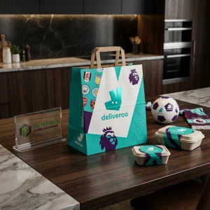 Borsa di Carta Turchese e Bianca con Logo e Motivo Calcio, Adatta per Regali, Vendita al Dettaglio, Alimentari o Imballaggio Brandizzato, Servizio OEM/ODM Disponibile